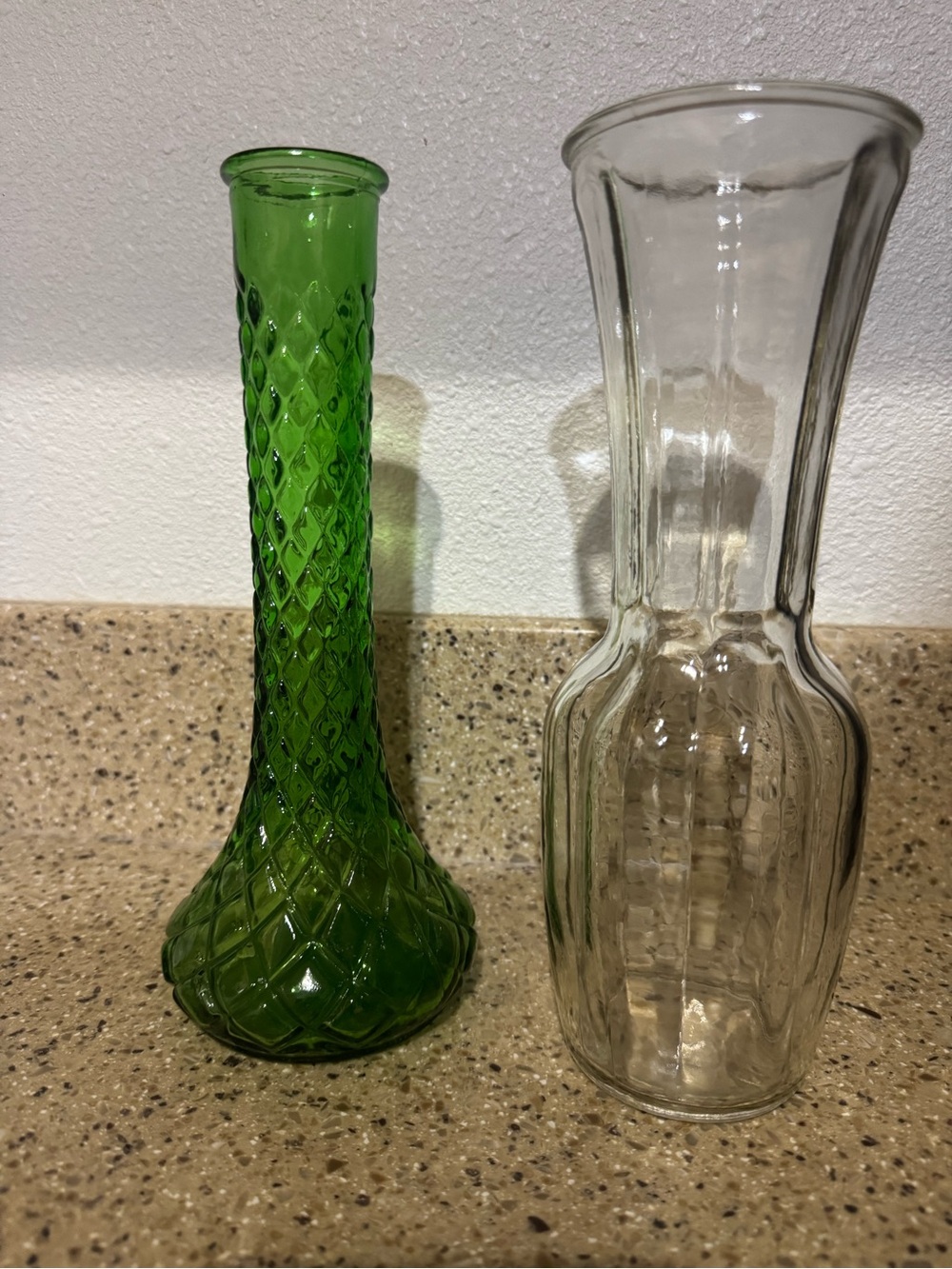 VTG Hoosier MCM Green Diamond-Pattern Glass Bud Vase + Clear Ribbed Glass Vase